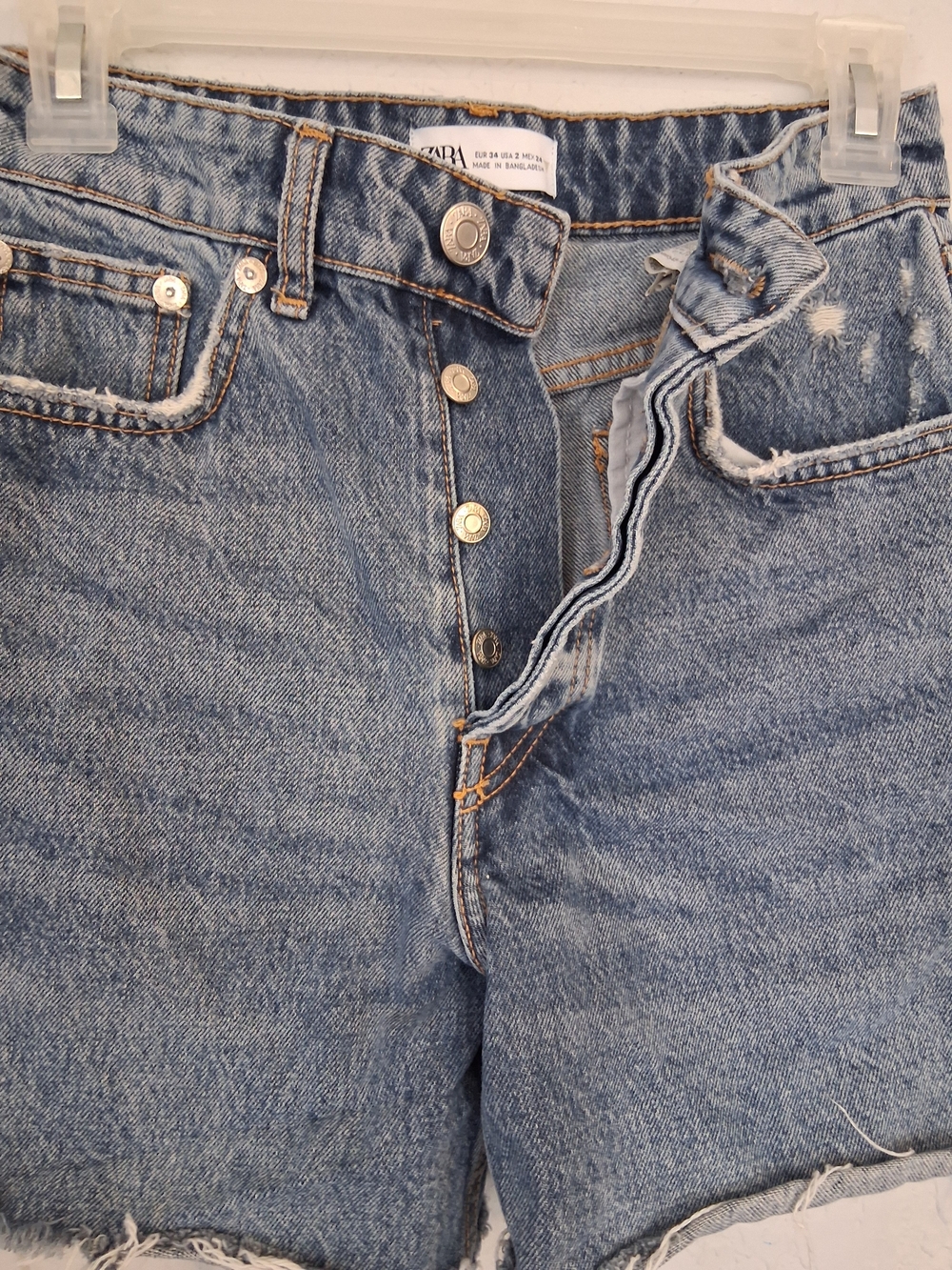Zara High Waist Cutoff Denim Shorts Medium Wash Button Fly Raw Hem USA 2